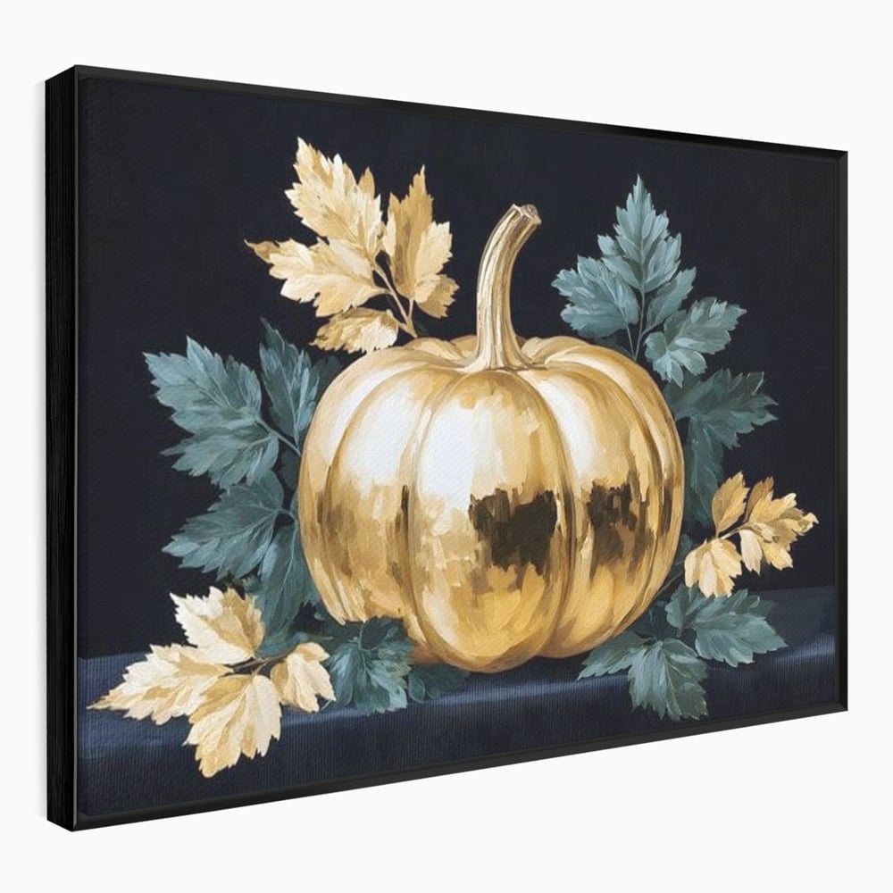 Tablou canvas cu tablou cu dovleac auriu si frunze, in rama de aluminiu negru